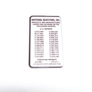 National Rejectors Patent Notice Decal for Large Coin Door Style Mechs